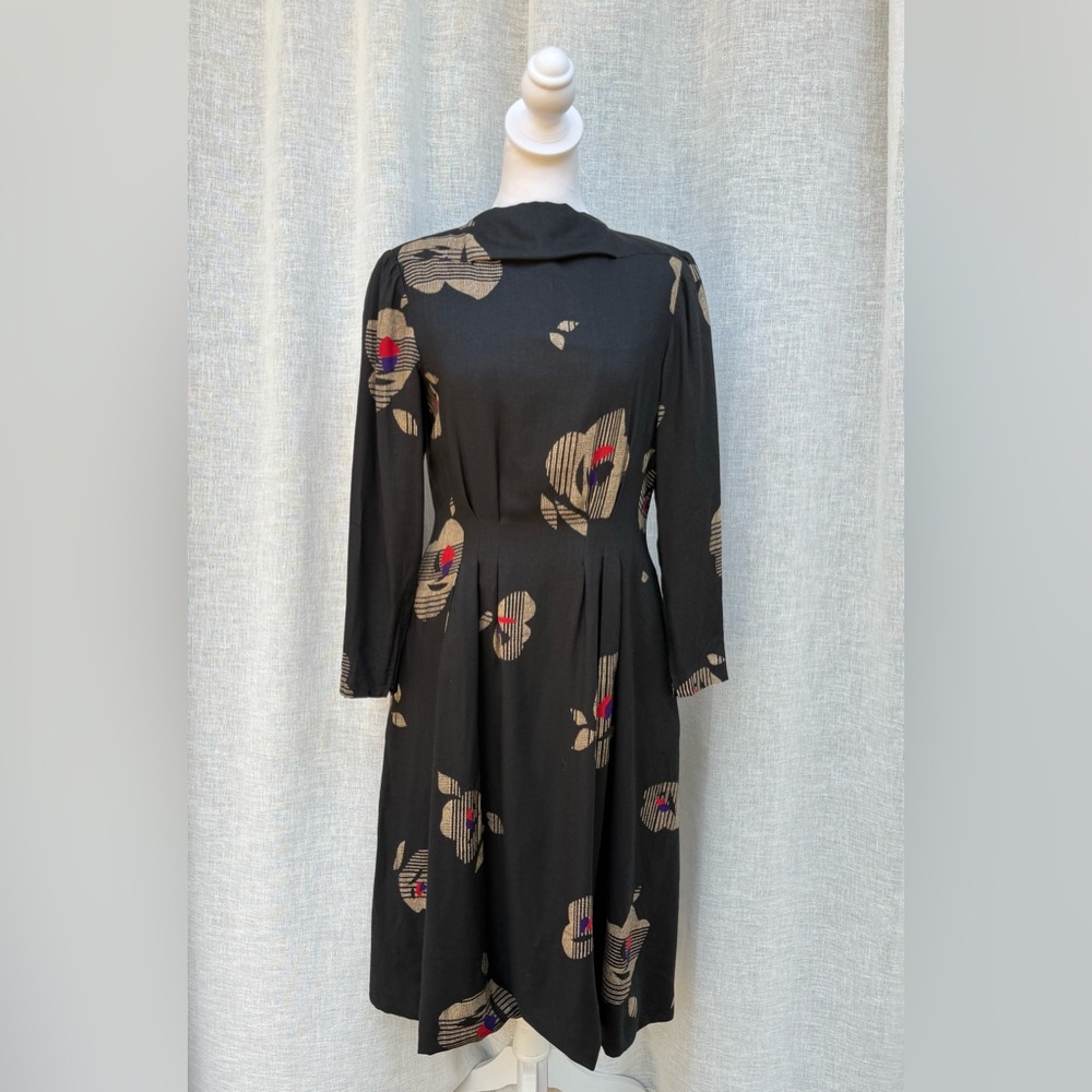 Pauline Trigere abstract print black long sleeve dress